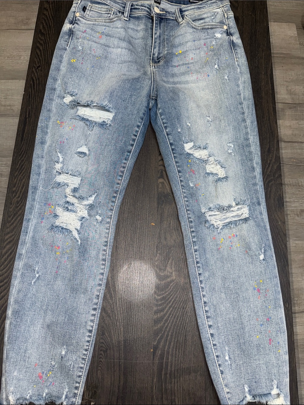Judy Blue Light Wash Distressed Boyfriend Jeans with Multicolor Paint